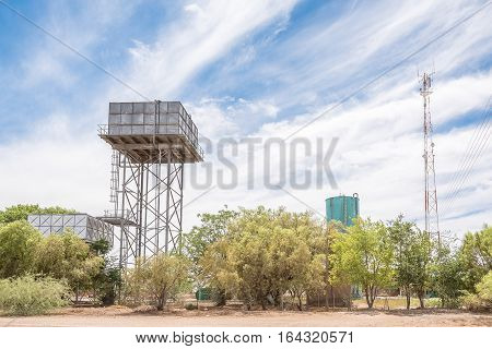 Water reservoirs and a cellphone tower in Jacobsdal a small town in the Free State Province.
