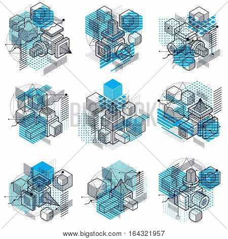 Abstract Backgrounds With Isometric Lines, Vector Illustrations. Templates Made With Cubes, Hexagons