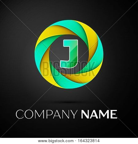 Letter J vector logo symbol in the colorful circle on black background. Vector template for your design