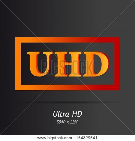 Vector UHD letters icon in monitor. Red and orange gradient flat letters on black background. Modern 4K resolution monitors for high-quality picture
