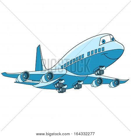 Cartoon flying plane transport. Passenger aircraft (airliner) isolated on white background. Childish vector illustration and colorful book page for kids.