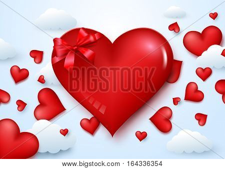 Valentine's day background with blow hearts to sky. paper cut style