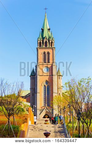 Myeongdong Cathedral Distant Steps Front People