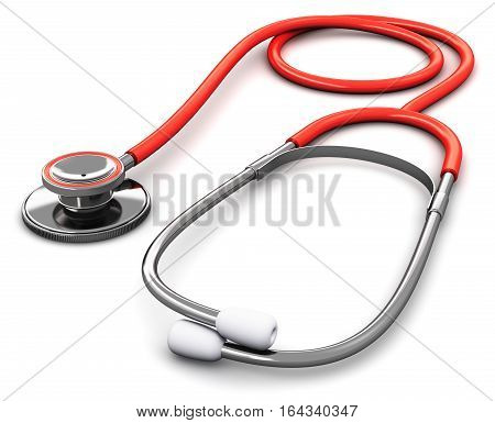 3D render illustration of red metal medical stethoscope isolated on white background