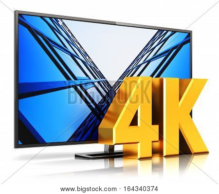 3D render illustration of 4K UltraHD resolution TV cinema or computer PC monitor display isolated on white background with reflection effect