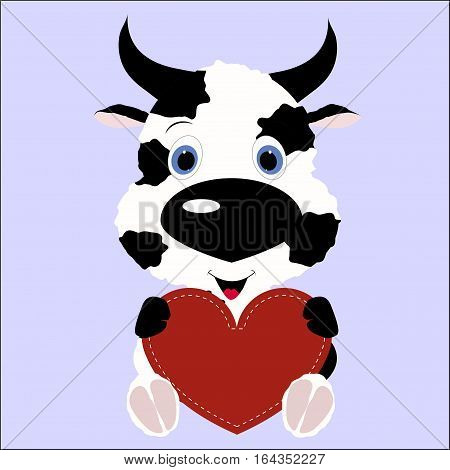 icon cute cow calf holding a red heart frame on a blue background.template for greeting card on Valentine's day or baby shower or arrival. vector illustration