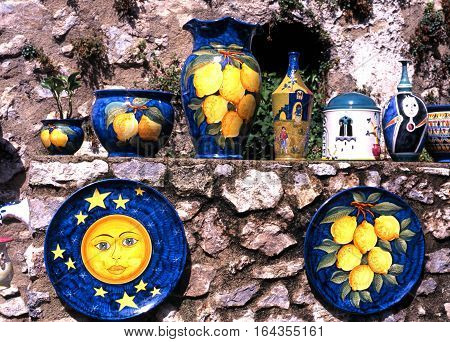 RAVELLO, ITALY - SEPTEMBER 23, 1996 - Traditional Italian pottery displayed outside a gift shop in the town square Ravello Amalfi Coast Italy Europe, September 23, 1996.