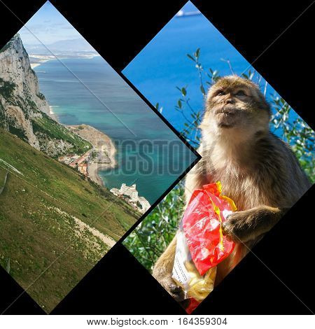 Collage of Gibraltar Rock steep cliff by the Mediterranean Sea.