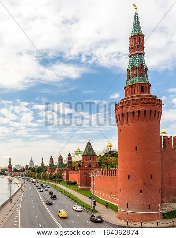 Kremlyovskaya embankment in Moscow with Beklemishevskaya Tower on the foreground