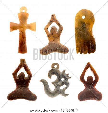 Six stone pendant indian cultural symbols isolated on white background.