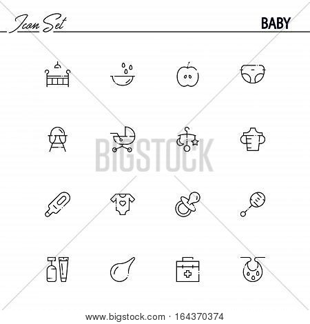 Baby flat icon set. Collection of high quality outline symbols of baby stuff for web design, mobile app. Vector thin line icons or logo ofcradle, stroller, diapers, rattle, nipple, etc.