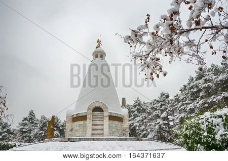 landscape snow-covered hill with a chapel the chapel of St. George on Sapun Hill snowfall