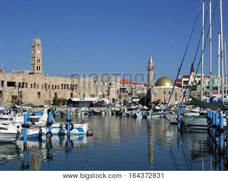 Fishing harbor and Old City of Akko (Acre) Israel November 15 2003