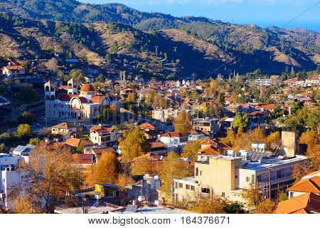 A view over the traditional mountain village of Kakopetria. Nicosia District. Cyprus.