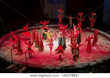 Saint-Petersburg, Russia - January 8, 2017: Circus performance -Prophetic Dream- - artists access to the bow at the end of the presentation. The performance took place in Sibur-Arena.