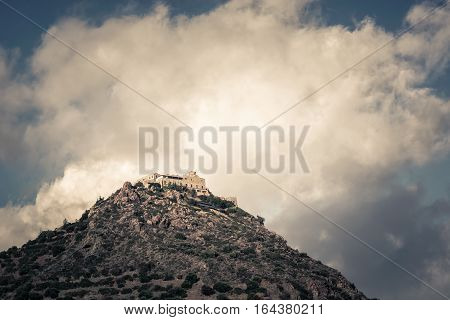 Stavrovouni Orthodox monastery on the mountaintop. Larnaca District Cyprus.