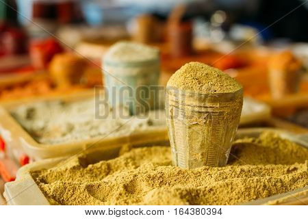 The Wide Range Of Multicolored Powdered Spices, Fragrant Seasoning, Condiment At The Showcase Of East Market, Bazaar For Sale. Close, Copyspace.