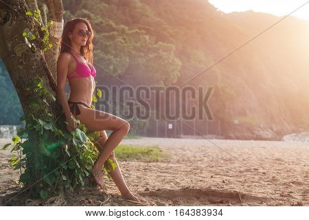 Sexy slim young female model wearing bikini and sunglasses posing leaning against tree trunk in green mountainous area