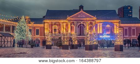 Klaipeda, Lithuania: Christmas lights and decorations in Theatre square at night