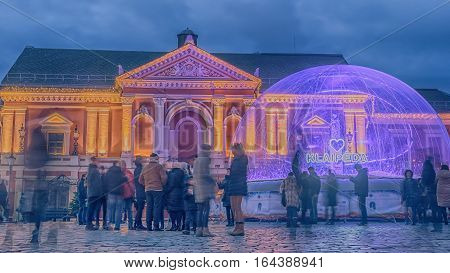 Klaipeda, Lithuania: Christmas lights and decorations in Theatre square at night
