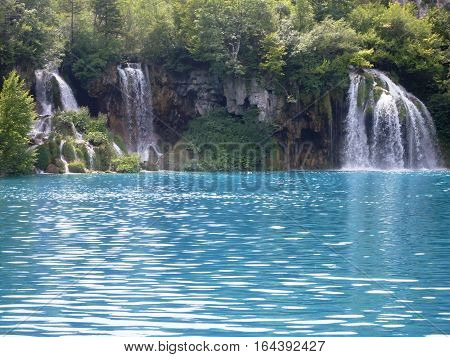 Colorful and vibrant landscape of lake shore. Tranquil landscape useful as background. Lower lakes canyon. Plitvice lakes national park Croatia