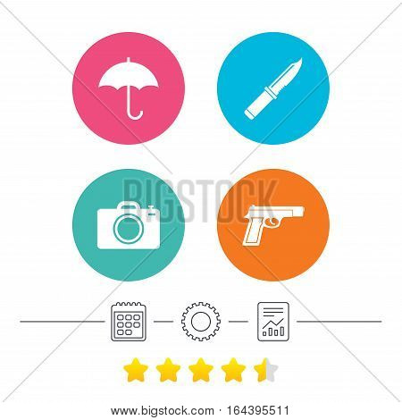 Gun weapon icon.Knife, umbrella and photo camera signs. Edged hunting equipment. Prohibition objects. Calendar, cogwheel and report linear icons. Star vote ranking. Vector