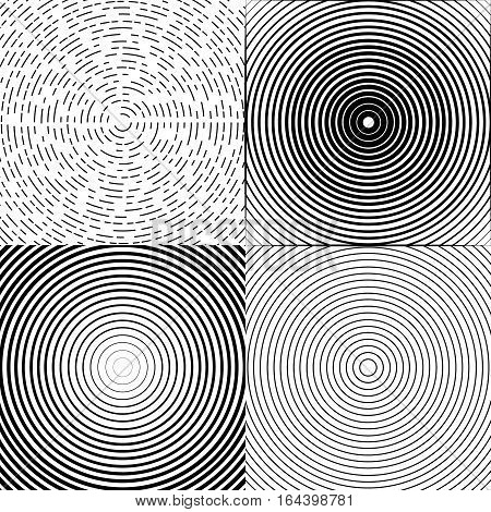 Concentric circle elements or backgrounds. Set of 4 version. Black and white color ring. Vector illustration for sound wave. Abstract circle graphics. Hypnotic background.