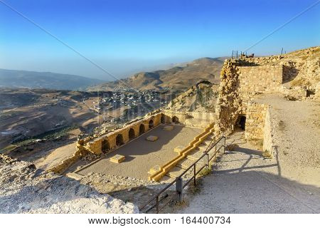 Ancient Crusader Castle View Arabic Fortress Citadel Kerak Jordan. Ancient Crusader Castle built in 1142. Later resisted attacks by Saladin but finally fell in 1188.