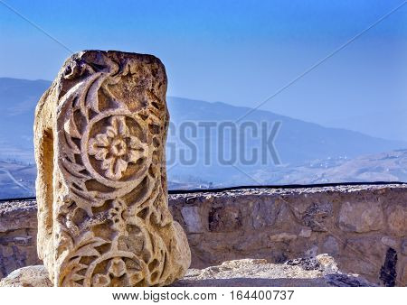 Ancient Crusader Castle Decoration Stone View Arabic Fortress Citadel Kerak Jordan. AncientCrusader Castle built in 1142. Later resisted attacks by Saladin but finally fell in 1188.