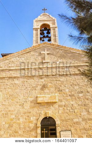 Saint George's Greek Orthodox Church Bell Tower Madaba Jordan. Church was created in the late 1800s and houses many famous mosaics