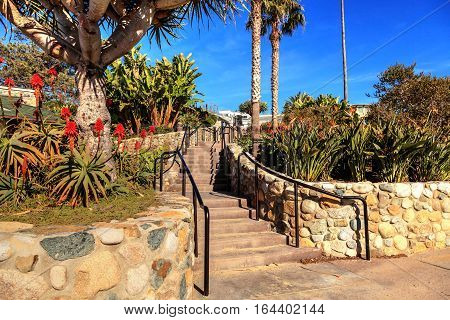 Heisler Park walkway overlooking the coastline cliffs of Laguna Beach, California in winter.