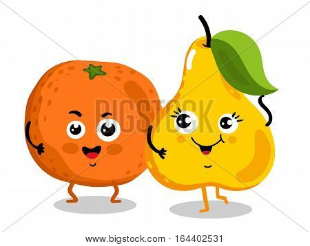 Cute fruit cartoon characters isolated on white background vector illustration. Funny orange and pear emoticon face icon collection. Happy smile cartoon face food emoji, comical fruit mascot set.
