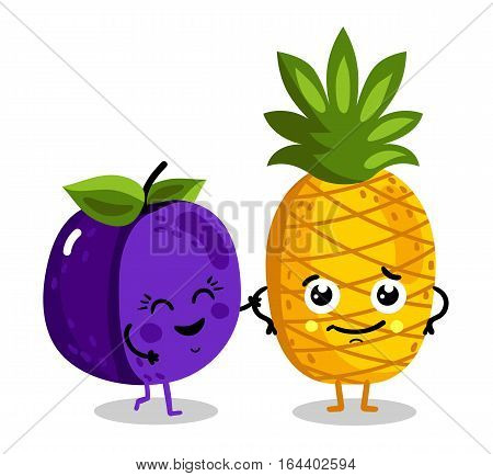 Cute fruit cartoon characters isolated on white background vector illustration. Funny pineapple and plum emoticon face icon collection. Happy smile cartoon face food emoji, comical fruit mascot set.
