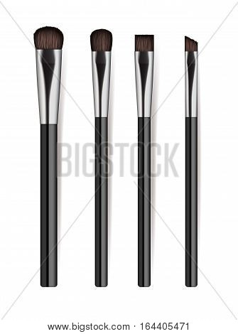 Realistic cosmetics brush set isolated on white background vector illustration. Facial makeup tools collection. Various fashion and beauty professional brush, decorative cosmetics concealer powder. Cosmetics product concept design