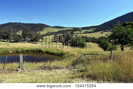 Broad panorama of the countryside in Gippsland Victoria with a small lake in foreground. Grassy hills in Australia.
