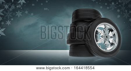 background with winter tire on the rim in the form of snowflakes, 3d illustration