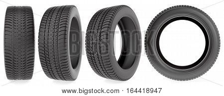 Winter tires in different angles isolated on the white background, 3d illustration
