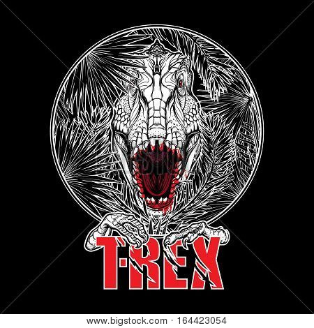 Detailed sketch style drawing of the roaring tirannosaurus rex head on a decoratve bunch of tropical leaves and flowers. Black and white sketch isolated on white background. EPS10 vector illustration.