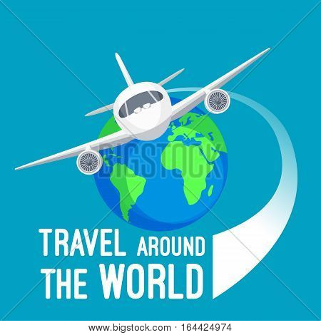 Travel around the world by fast means of transportation logotype design. Vector cartoon illustration of white flying airplane near colourful sign of earth globe planet with text in flat design.