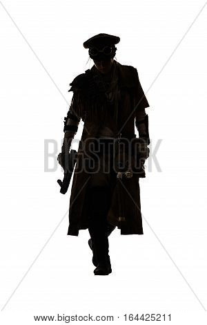 Nuclear post apocalypse life after doomsday concept. Grimy female survivor with homemade weapons. Studio portrait silhouette on white background