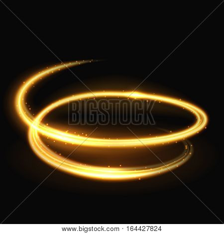 Magic light spiral glitz and glamour vector effect on black background. Motion glowing spiral, illustration of twinkle spiral trail