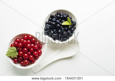 Blueberries and red currant on white background