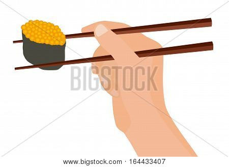 Hand on white background holding sushi with chopsticks. Flat style isometric illustration