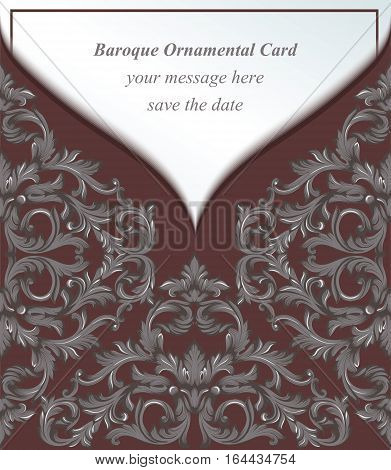 Vintage Baroque Invitation card Imperial style. Vector decor background. Luxury Delicate Classic ornament. Royal Victorian floral for birthday, wedding, textile print, wallpaper, wrapping papper