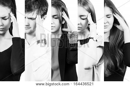 Half collage of people with a headache over white background
