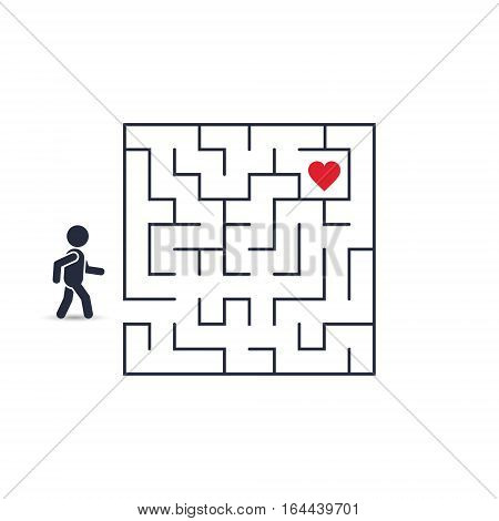 Love maze concept. Man is going through the Labyrinth to Heart. Vector valentine Illustration.