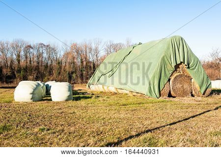 Hay Bales In Row In Provisional Barn