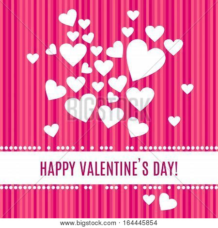 Happy Valentines day greeting card. White hearts isolated on stripped pink background. Pearl frame around place for your text. Vector illustration