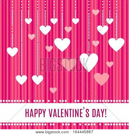 Happy Valentines day greeting card. White hearts on beautiful pearl strings isolated on stripped pink background. Pearl frame around place for your text. Vector illustration