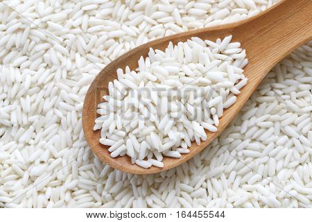 Organic white rice in wooden spoon glutinous rice or sticky rice for design nature foods Concept.